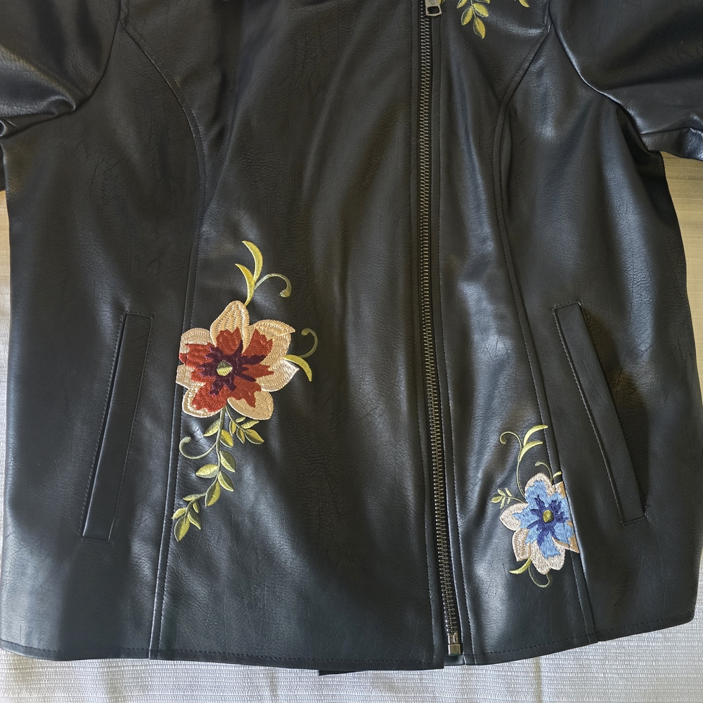 New Dennis Basso Madison Ave Embroider Floral Black Faux Leather Moto Jacket XL - Picture 14 of 14